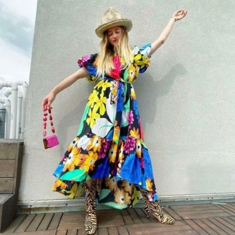 Christopher John Rogers Woman Floral High Low Dress Small Puff Sleeve Bright New - Picture 6 of 11